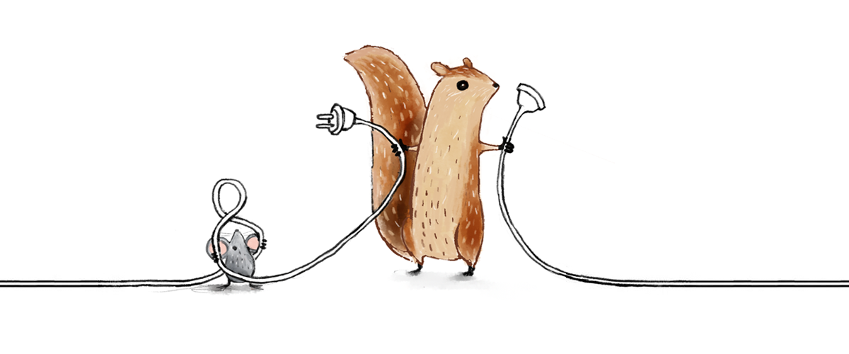 A mouse and a squirrel with an unplugged electrical cord in their hands